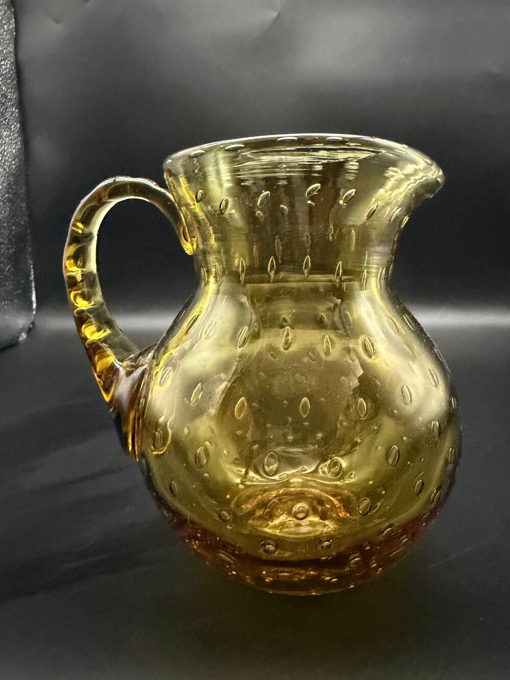 Vintage Amber Glass Blown Cream Pitcher Controlled Bubbles Applied Handle Pontil
